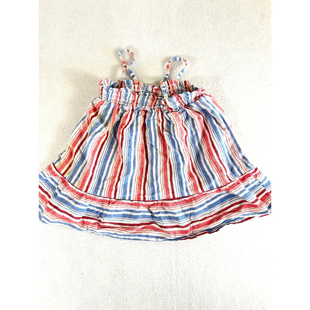 OshKosh Bgosh Baby Girl 18M Red White Blue Striped Linen Blend Smocked Top